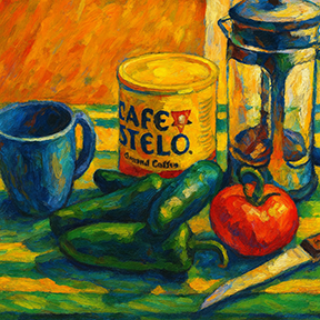 still-life painting of tomatoes, peppers, and coffee cup